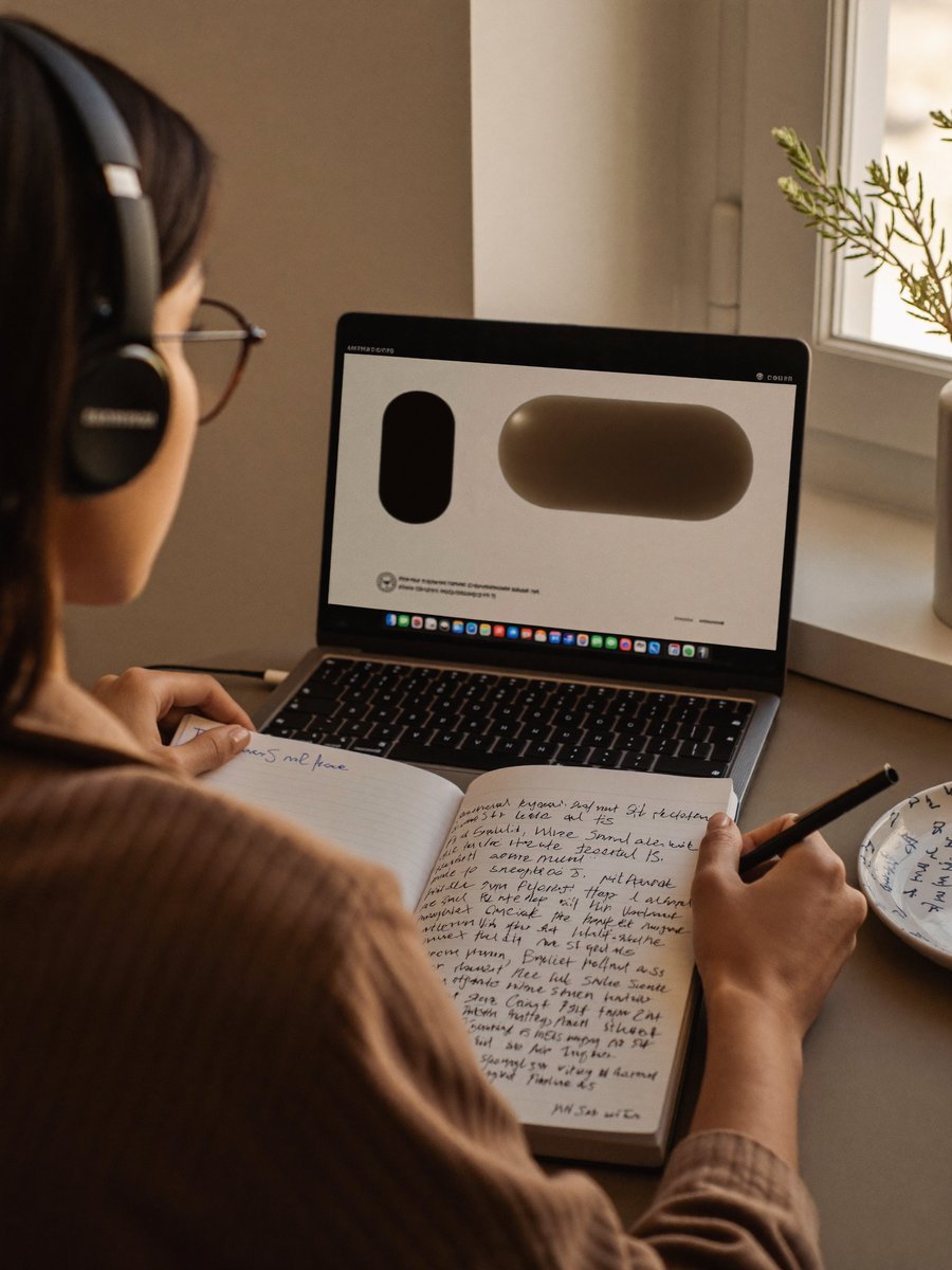 Professional studying a self-paced course at a desk with headphones and a notebook